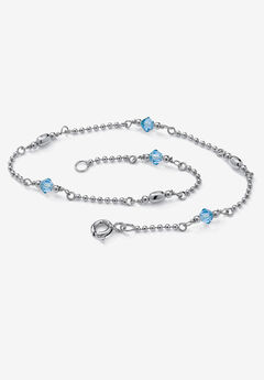 Platinum Plated Silver Ankle Bracelet (2Mm), Round Simulated Birthstone 11 Inches