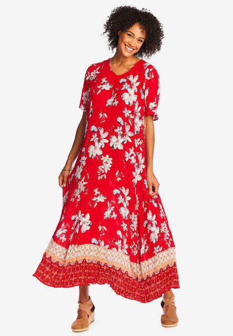 Short-sleeve Crinkle Dress, VIVID RED BLOOM FLOWER, hi-res image number null