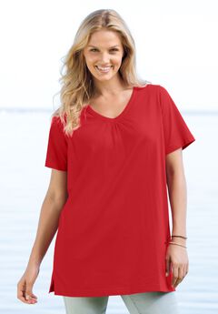 Perfect Short-Sleeve Shirred V-Neck Tunic
