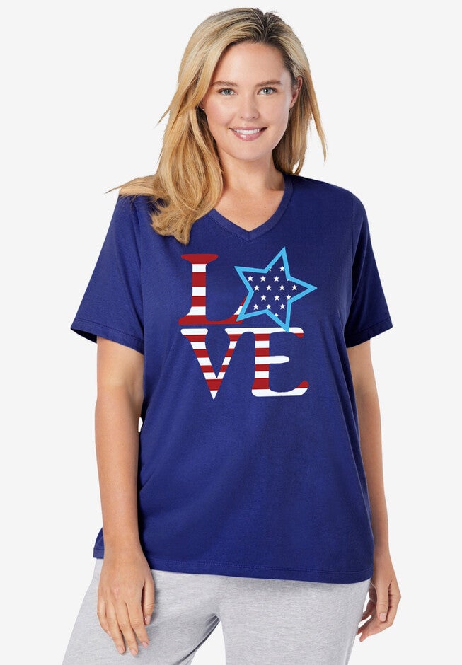 Cotton V-Neck PJ Top, EVENING BLUE LOVE STAR, hi-res image number null