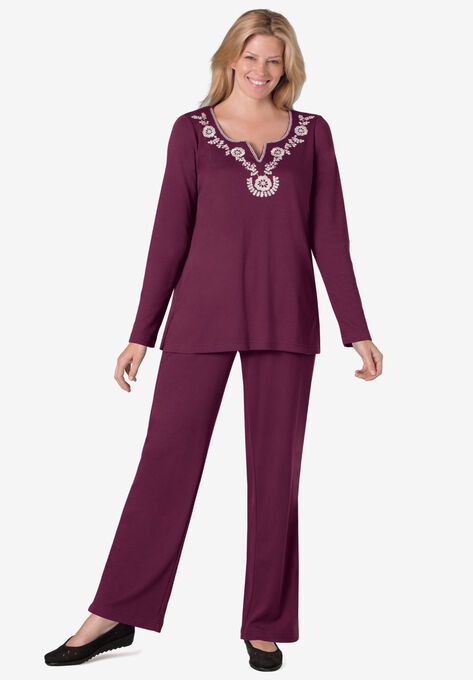 2-Piece Embroidery Tunic Set, DEEP CLARET FLORAL EMBROIDERY, hi-res image number null