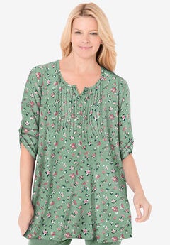 7-Day Three-Quarter Sleeve Pintucked Henley Tunic