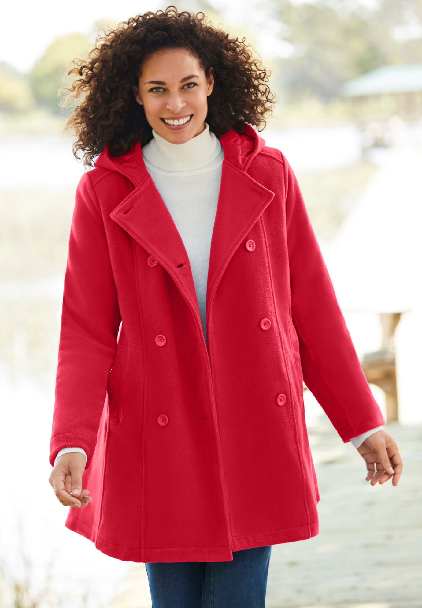 Double-Breasted Hooded Fleece Peacoat | Woman Within
