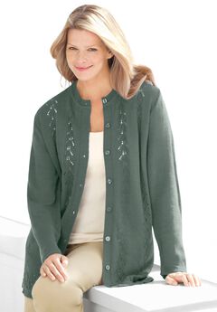 Long-Sleeve Pointelle Cardigan Sweater