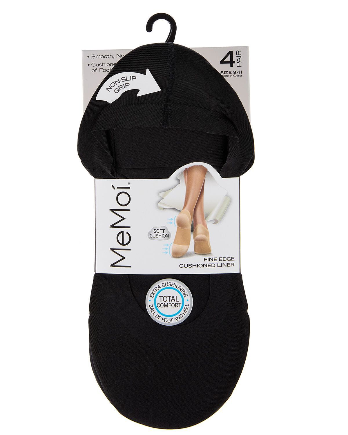 4 Pairs Women's Cushioned Fine Edge No-Show Sock Liner, BLACK NUDE, alternate image number 1