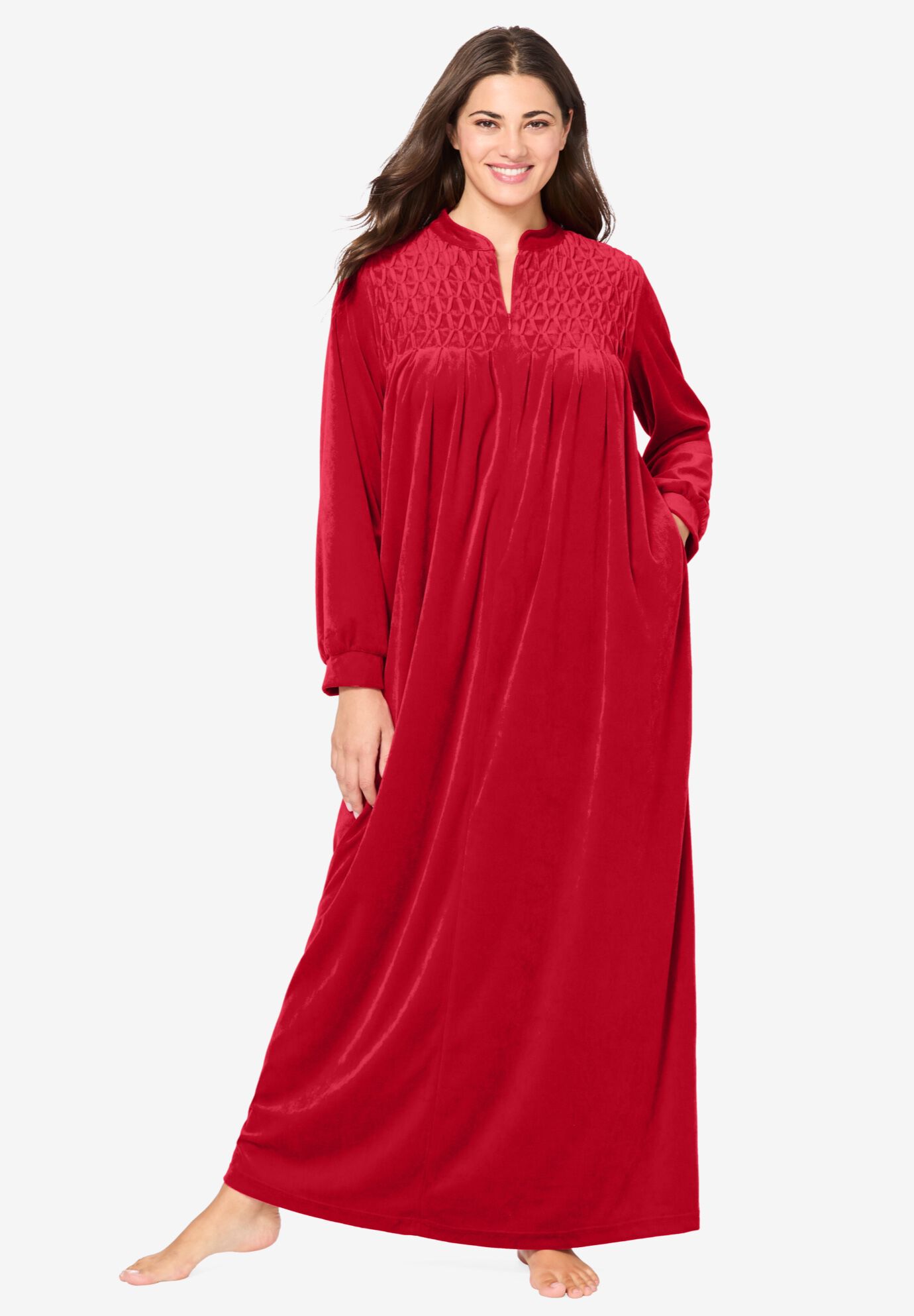 Smocked Velour Long Robe with Pockets, Classic Red | Woman Within