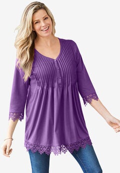 Pintuck Henley Crochet Trim Tunic
