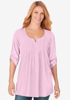 7-Day Three-Quarter Sleeve Pintucked Henley Tunic