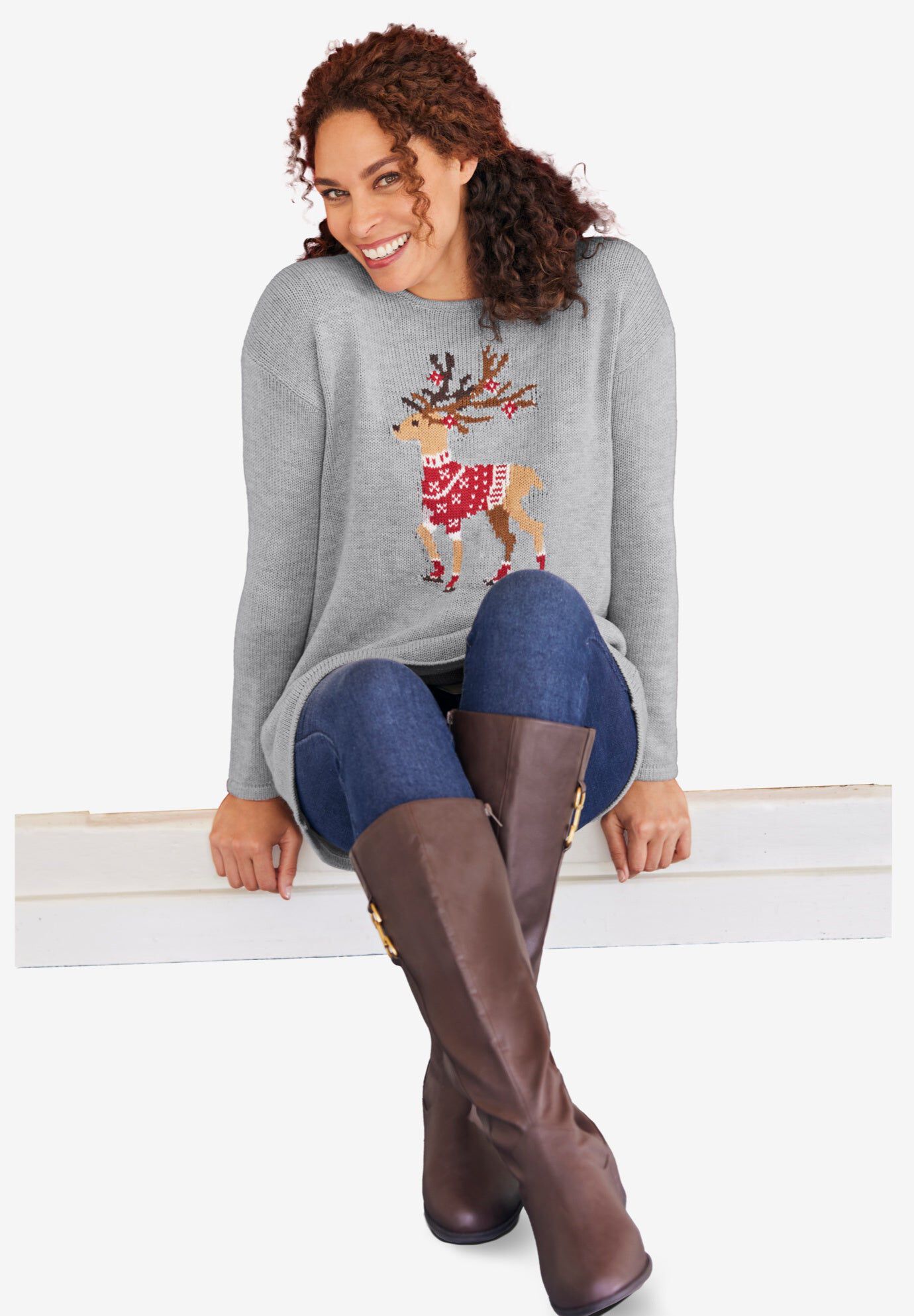 Holiday Motif Sweater, HEATHER GREY REINDEER, hi-res image number 0