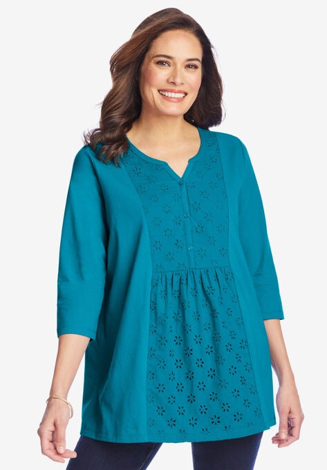 Three-Quarter Sleeve Eyelet Notch-Neck Tee, TURQ BLUE, hi-res image number null