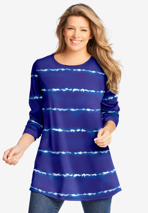 Perfect Long-Sleeve Crewneck Tunic, ULTRA BLUE TIE-DYE STRIPE, hi-res image number null