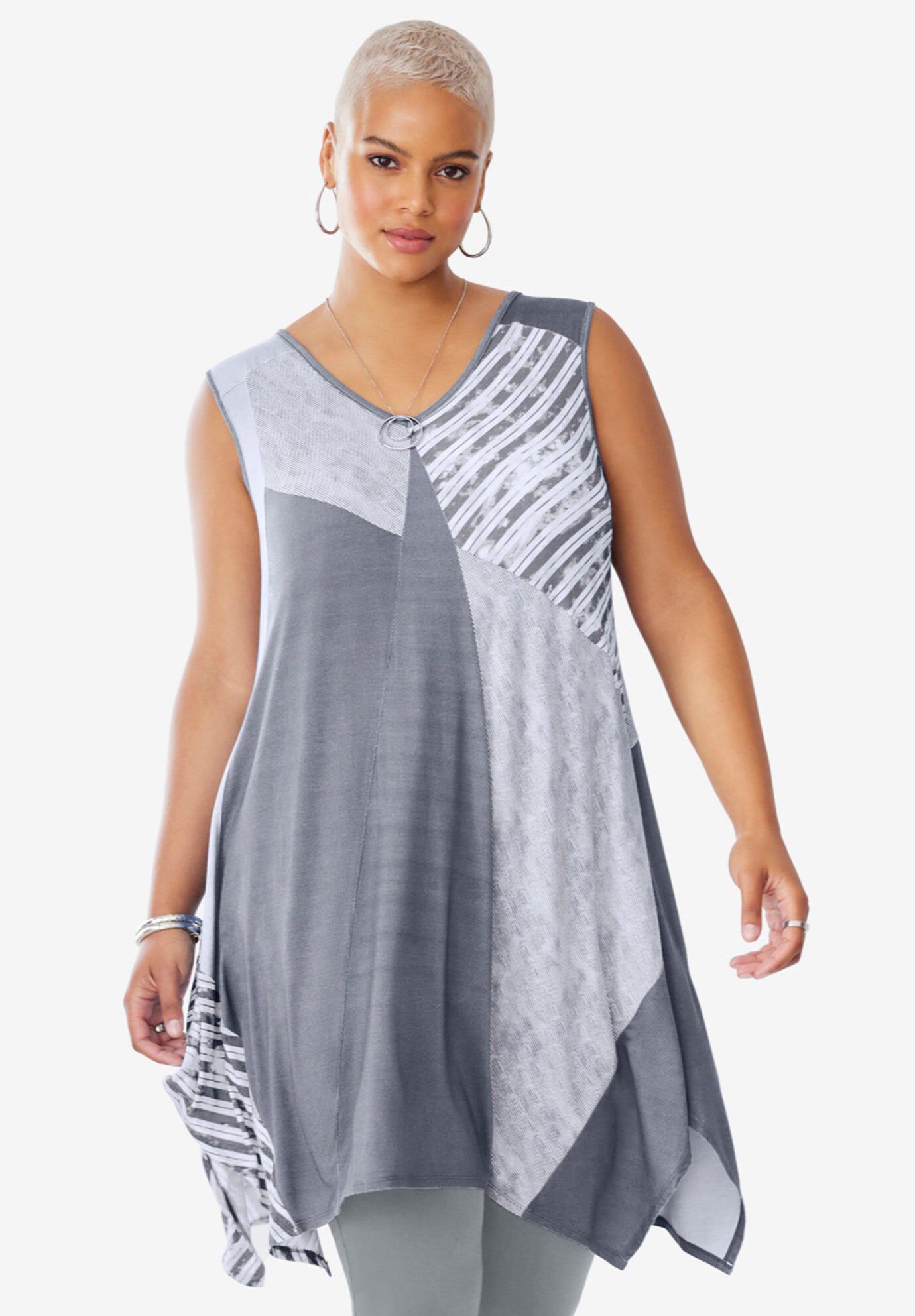 Sleeveless Hanky Hem Tunic, GUNMETAL TEXTURE STRIPE, hi-res image number 0