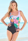 One-Piece Tank Swimsuit with Adjustable Straps, TROPICAL TIE DYE PLACEMENT, hi-res image number 0