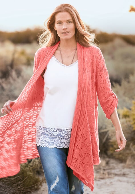 Open Front Pointelle Cardigan, , alternate image number null