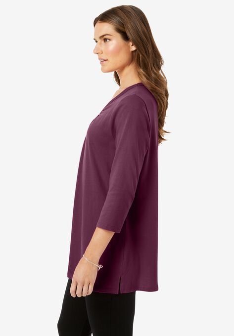 Perfect Three-Quarter Sleeve Shirred V-Neck Tee, , alternate image number null