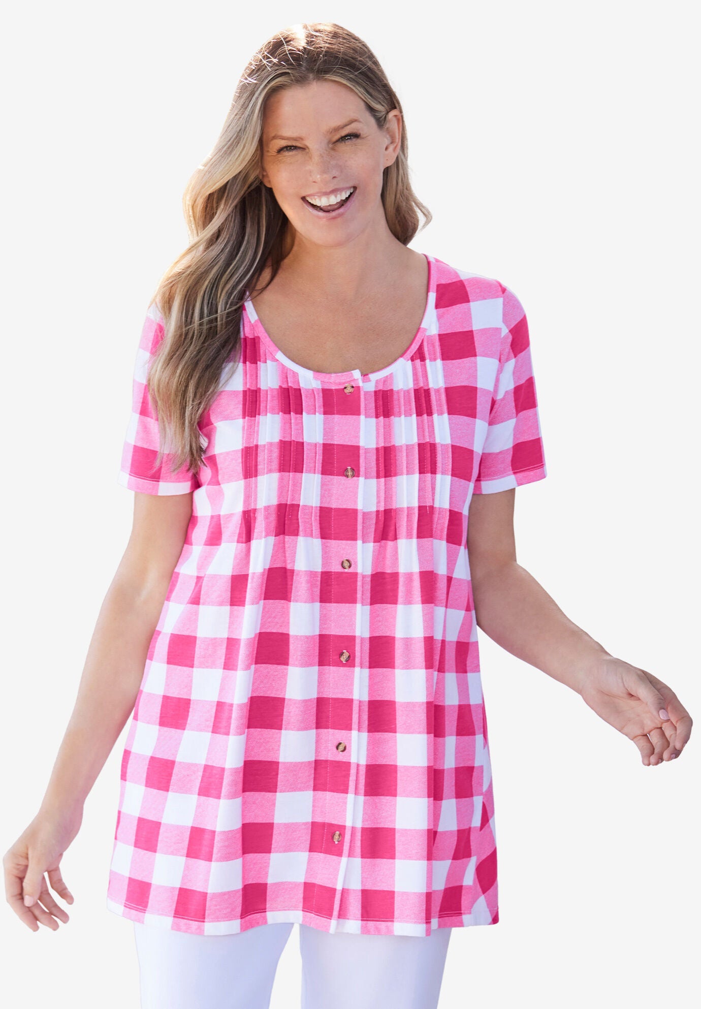 Top in soft buffalo plaid knit, tunic 