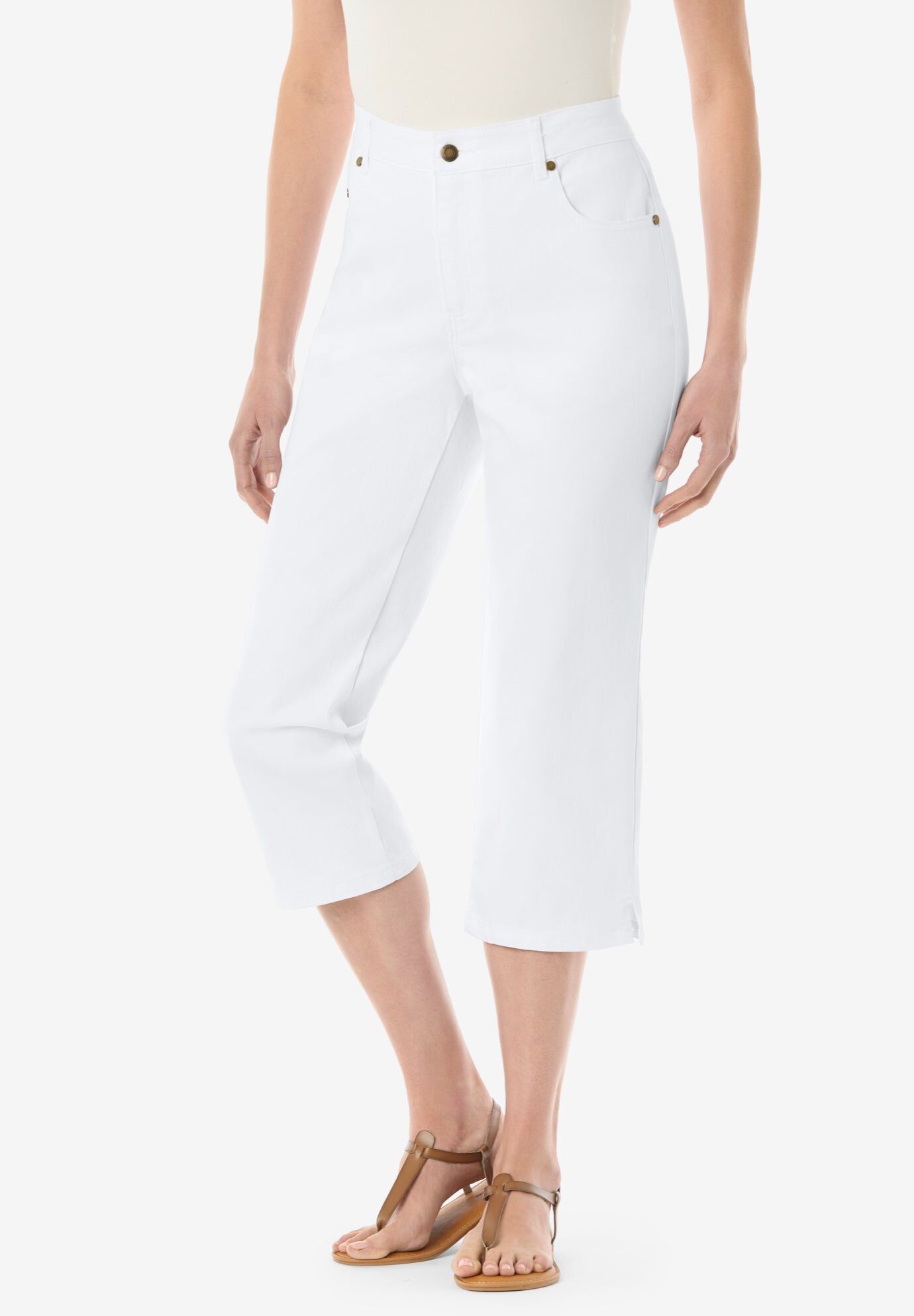 Stretch Denim Five-Pocket Capri Jeans, WHITE, hi-res image number 0