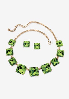 Gold Tone Necklace and Earring Set, Princess Cut Simulated Birthstones