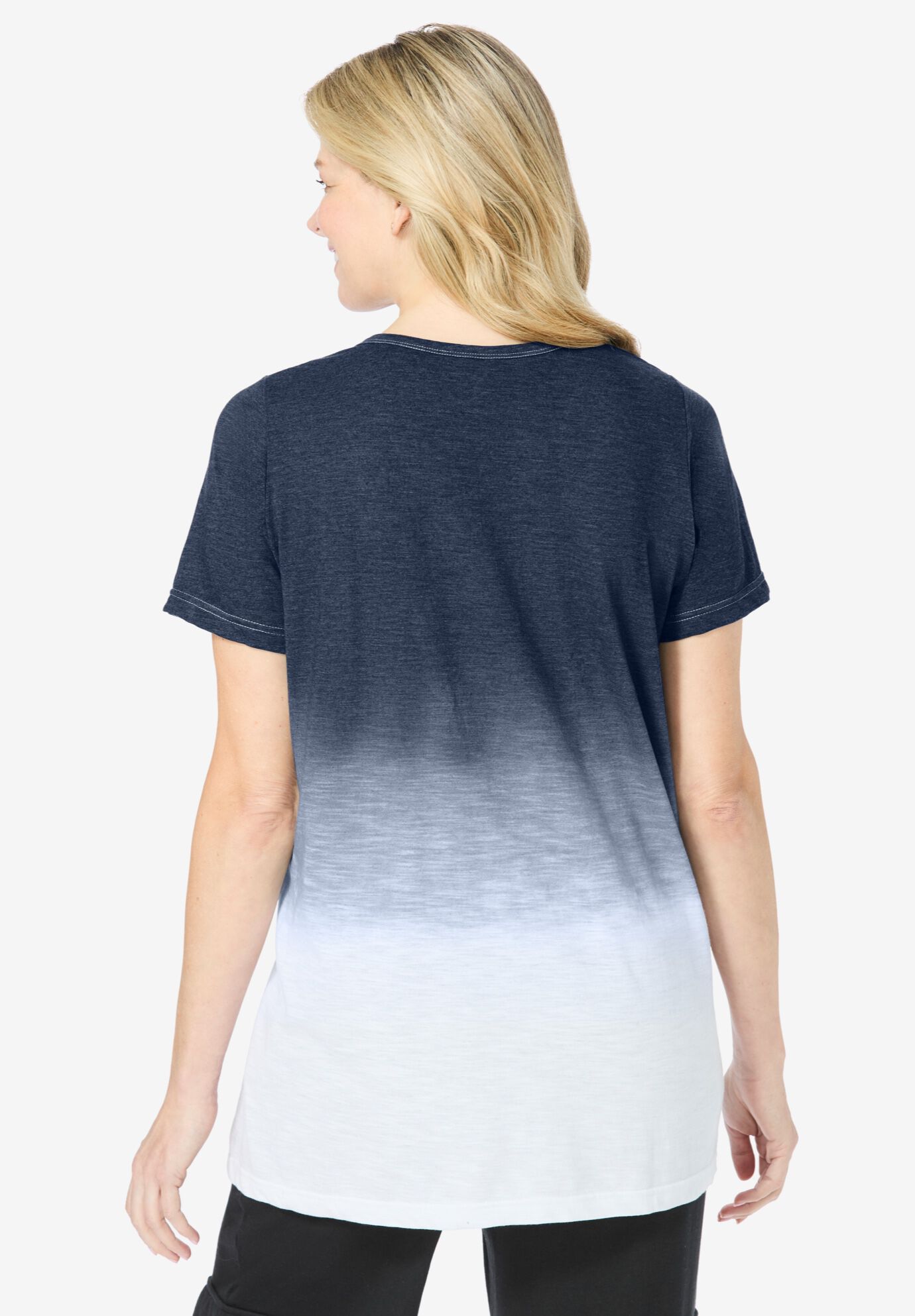 Short-Sleeve V-Neck Embroidered Dip Dye Tunic, NAVY OMBRE, on-hover image number 1