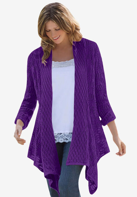 Open Front Pointelle Cardigan, RADIANT PURPLE, hi-res image number null