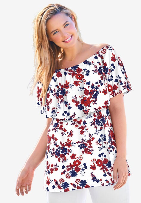 Off Shoulder Ruffle Tee, EVENING BLUE FLORAL, hi-res image number null