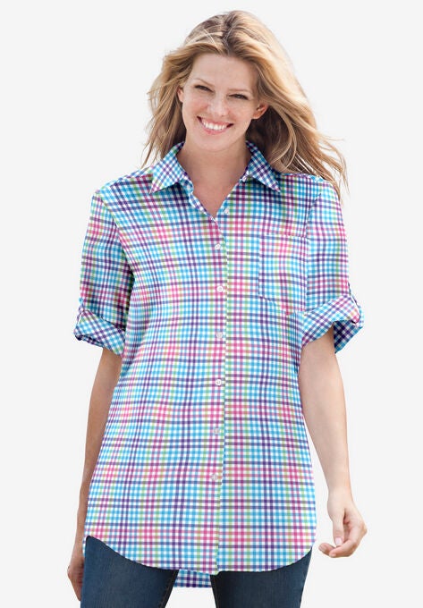 Short Sleeve Button Down Seersucker Shirt, PETAL PURPLE MULTI PLAID, hi-res image number null