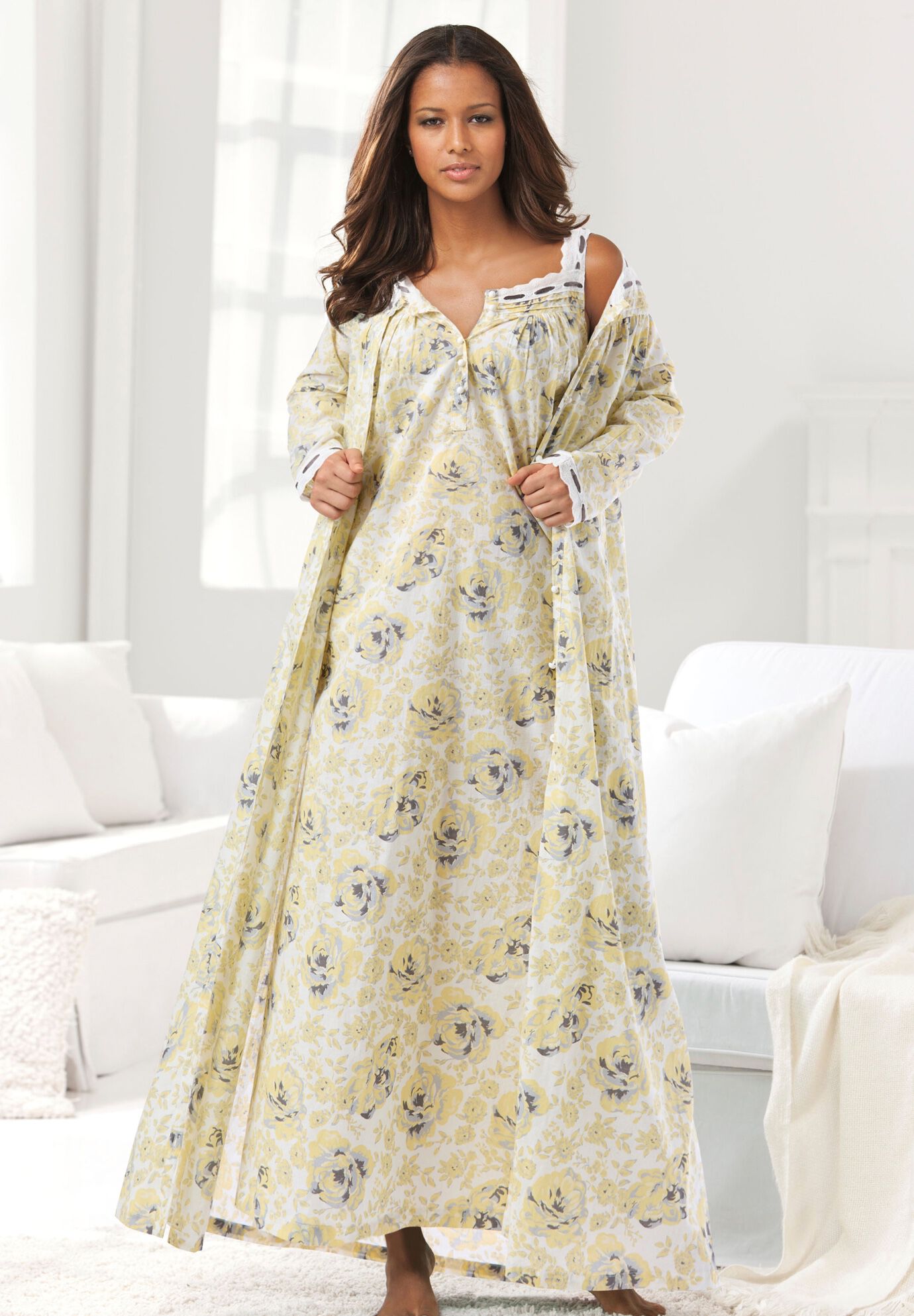Long 2-Piece Cabbage-Rose Peignoir Set, , alternate image number 7