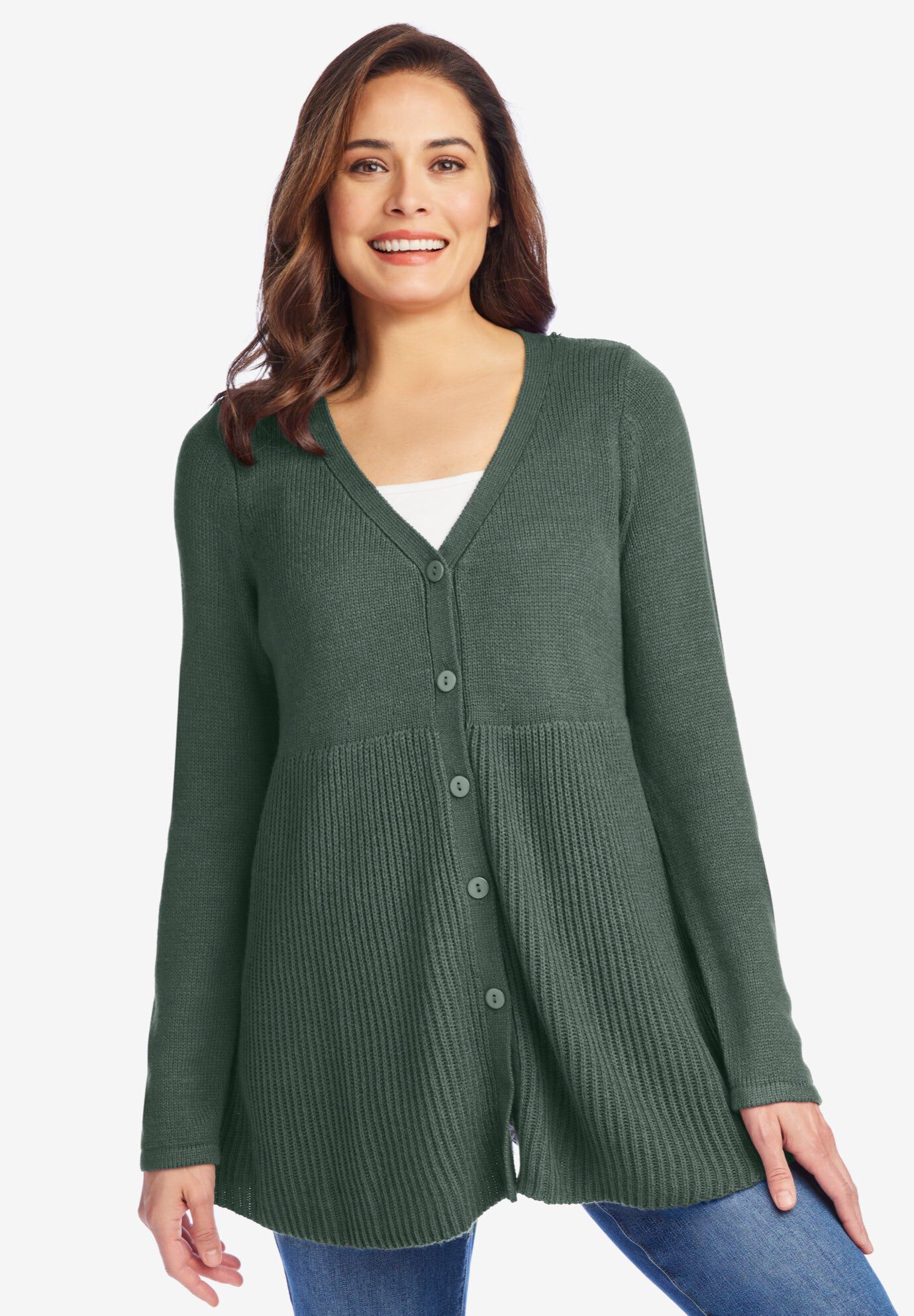 Babydoll Cardigan Sweater, PINE, hi-res image number 0