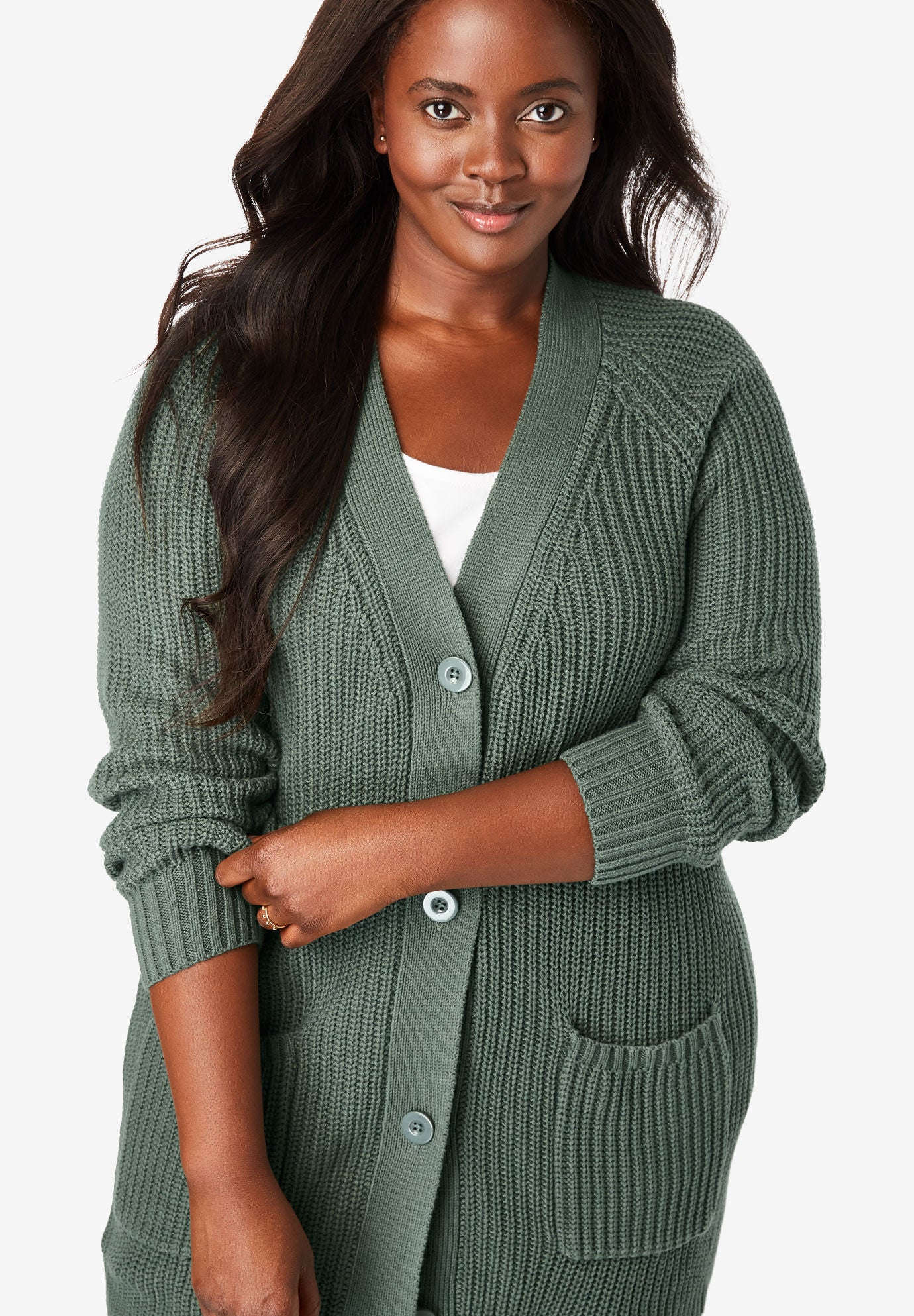 Shaker Button-Front Cardigan Sweater, PINE, hi-res image number 0