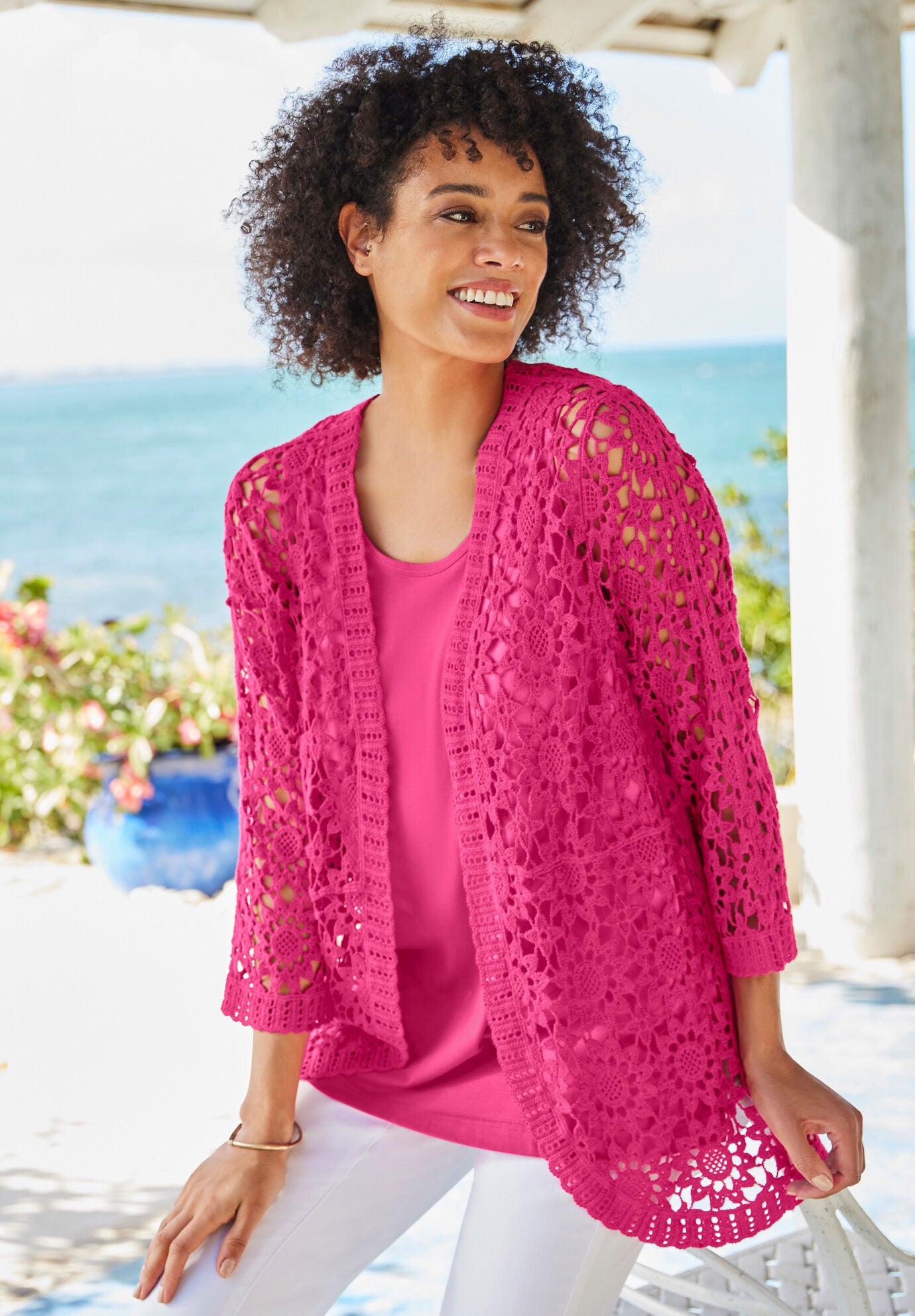 Pointelle Cardigan Curved Hem Relaxed Fit Black Woman Within