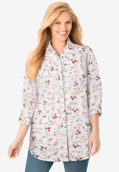 Perfect Printed Three-Quarter Sleeve Shirt, BRIGHT ROSE GRIDDED FLORAL, hi-res image number null