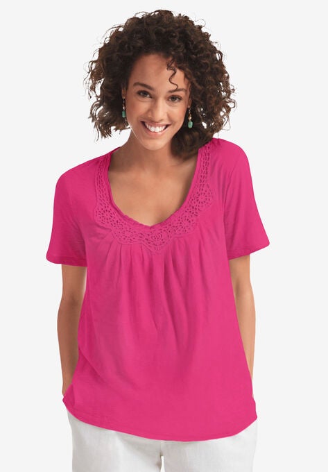 Crochet-Trim Knit Top, RASPBERRY SORBET, hi-res image number null