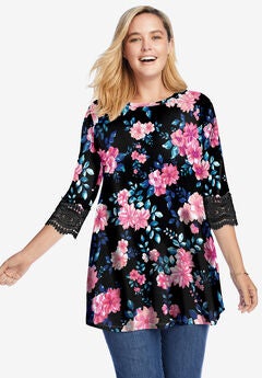Crochet-Trim Three-Quarter Sleeve Tunic