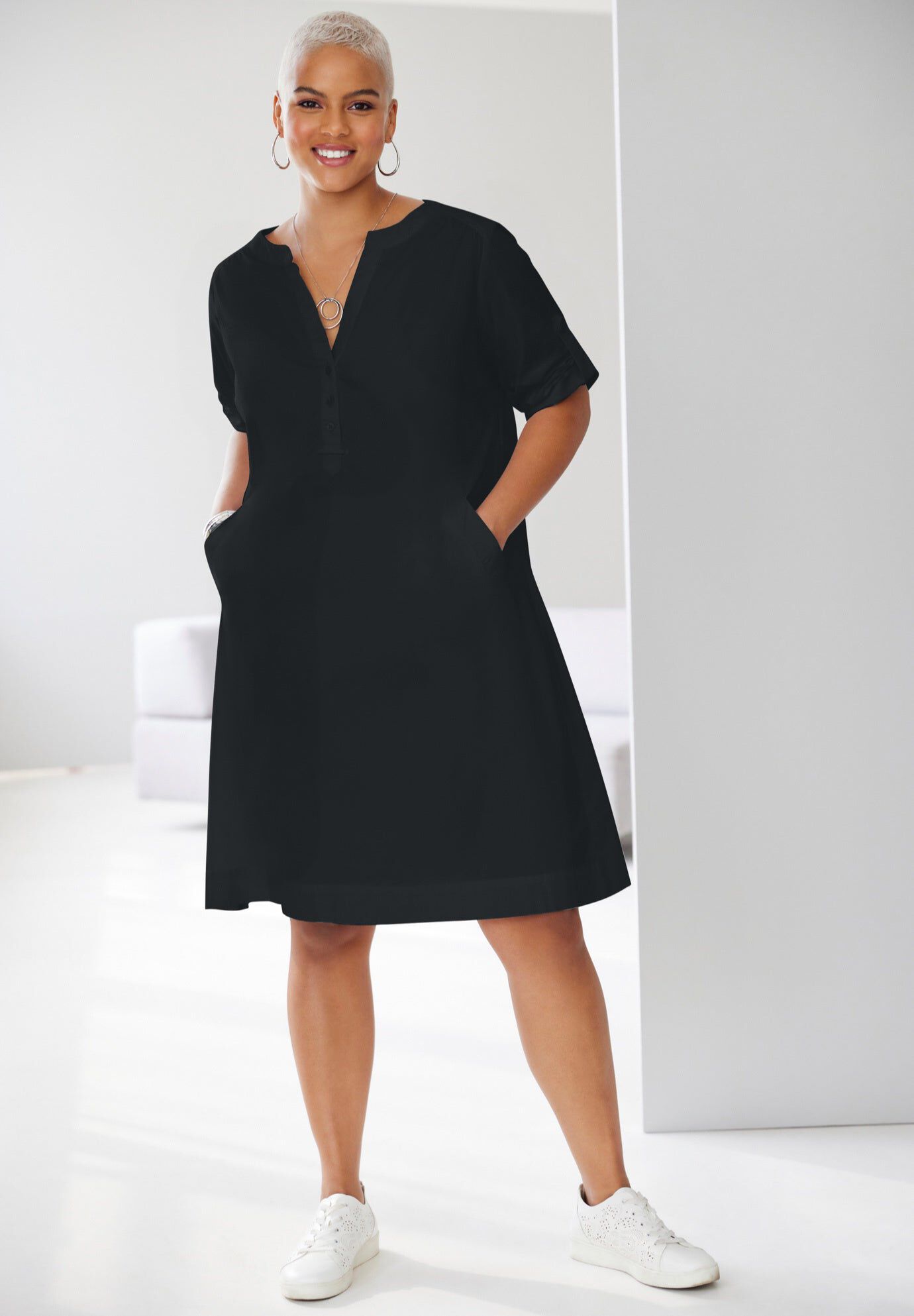 Y-Neckline Dress, BLACK, hi-res image number 0