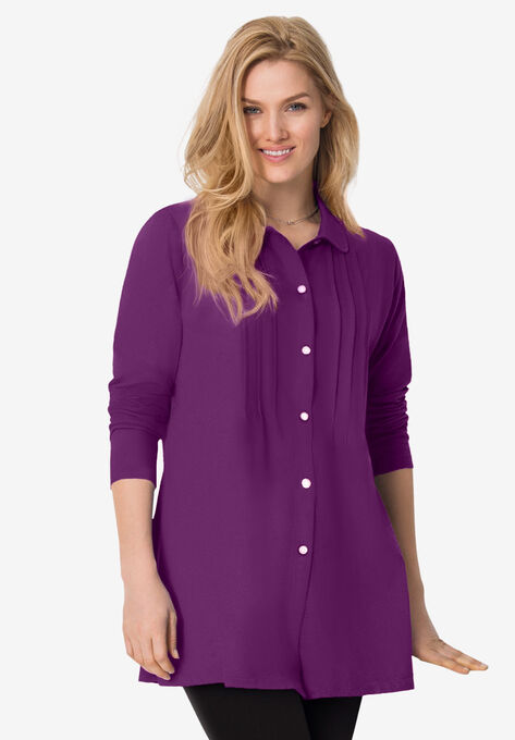 Pintucked Button-Front Tunic, PLUM PURPLE, hi-res image number null