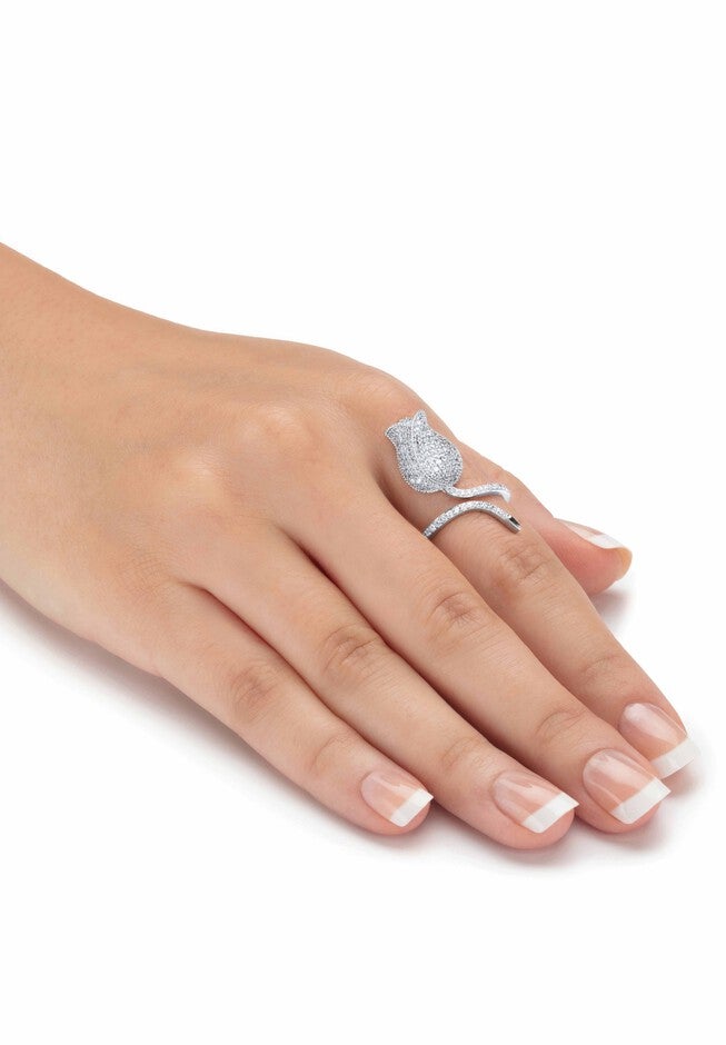 Platinum-Plated Round Flower Wraparound Ring Cubic Zirconia, , alternate image number 2