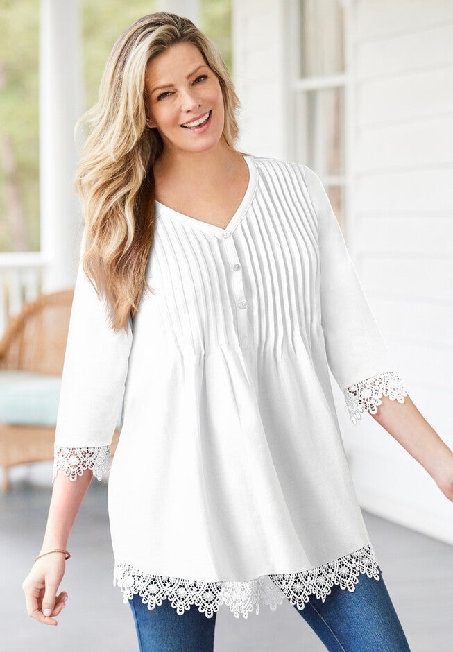 Pintuck Henley Crochet Trim Tunic, , alternate image number null