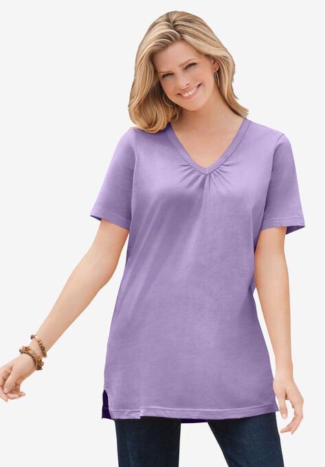 Perfect Short-Sleeve Shirred V-Neck Tunic, SOFT IRIS, hi-res image number null