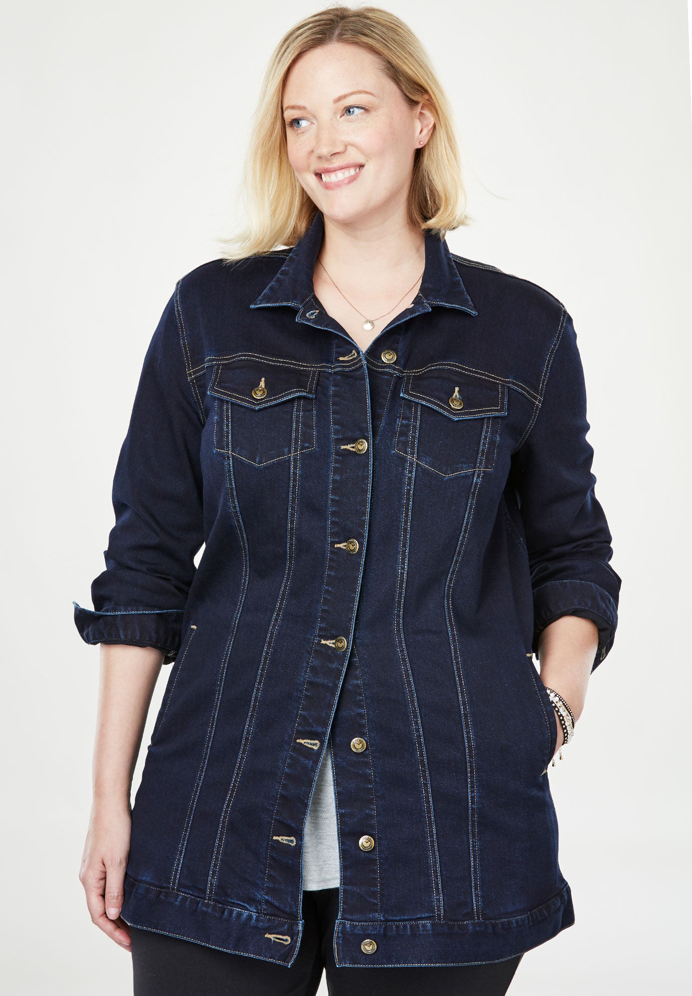 Long denim plus size jacket best sale