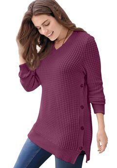 Side Button V-Neck Waffle Knit Sweater