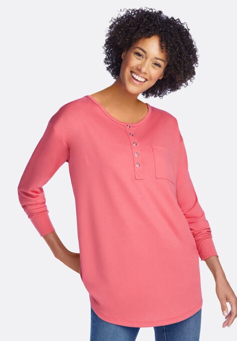 Long Sleeve Tunic Henley, ROSE PINK, hi-res image number null