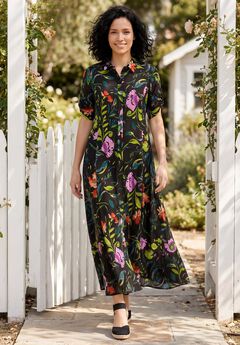 Roll-Tab Sleeve Crinkle Shirtdress