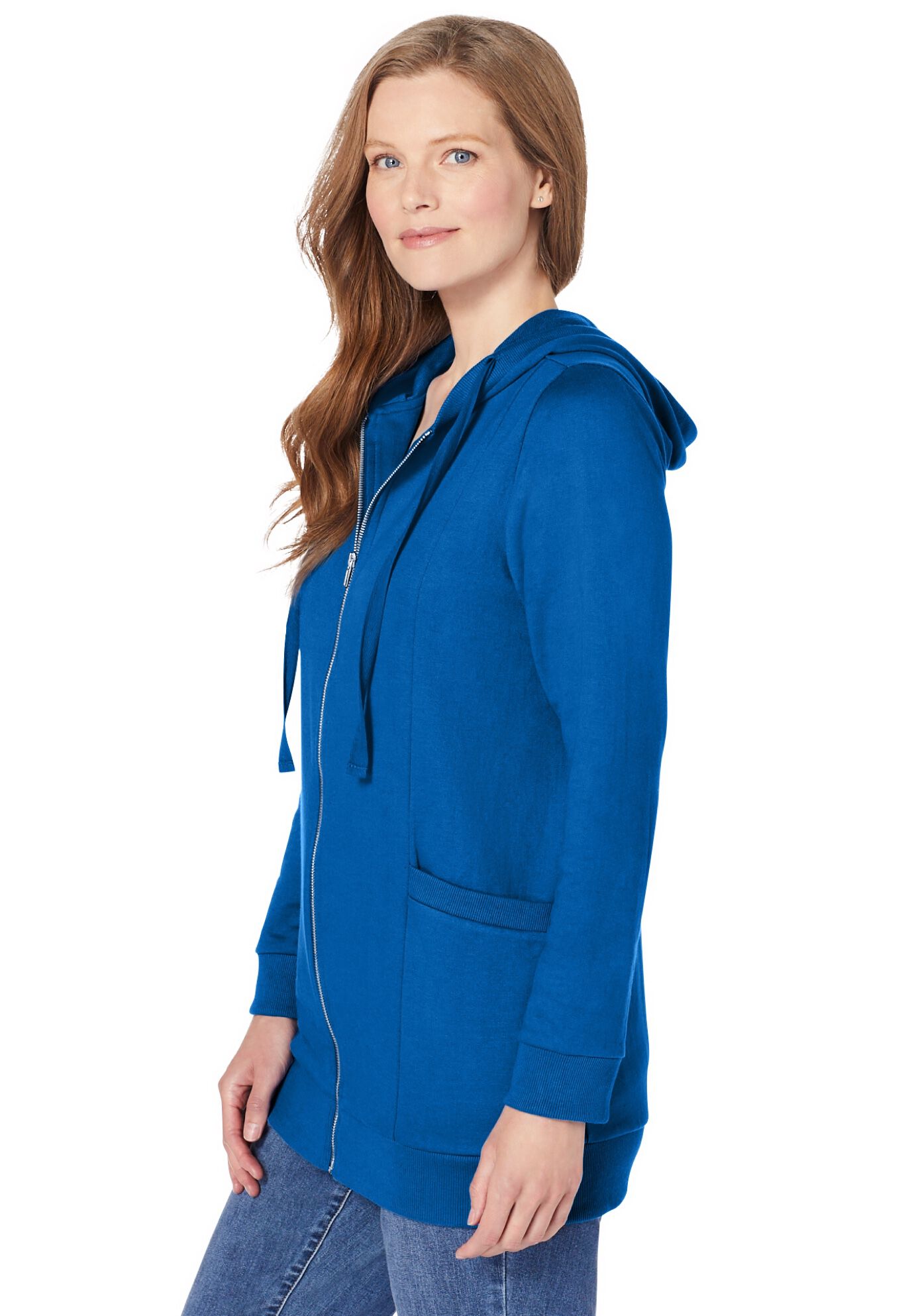 Zip Front Tunic Hoodie Jacket, BRIGHT COBALT, alternate image number 2