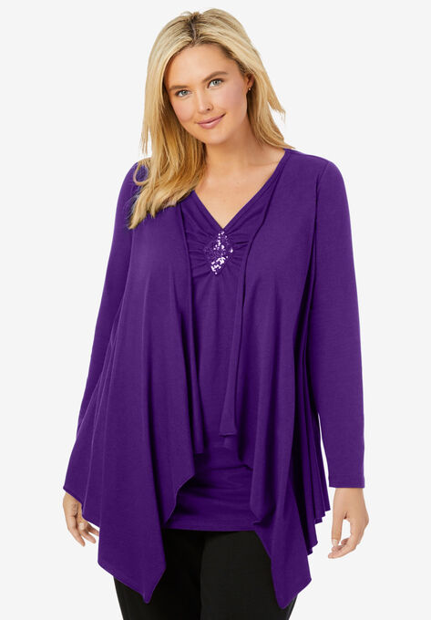 Layered look long top with sequined inset, RADIANT PURPLE, hi-res image number null