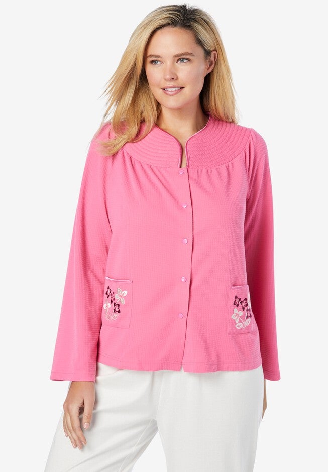 Short Waffle Knit Embroidered Bed Jacket, PEONY PETAL, hi-res image number 0