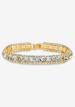 Gold Tone Tennis Bracelet (10mm), Round Birthstones and Crystal, 7"