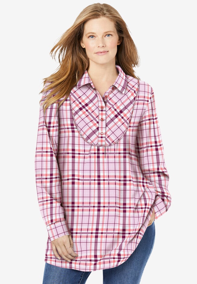 Henley Bib Flannel Shirt, PINK PRETTY PLAID, hi-res image number 0