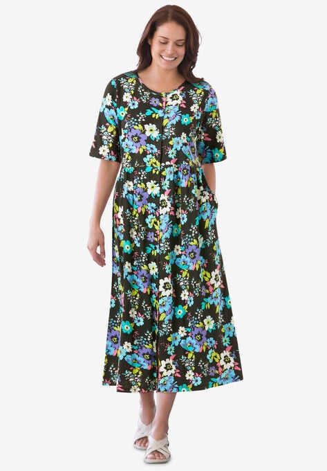 Button-Front Essential Dress, BLACK MULTI GARDEN, hi-res image number null