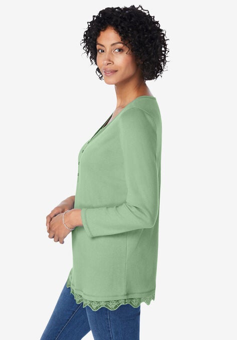 Ribbed Layered-Look Lace-Trim Tee, , alternate image number null