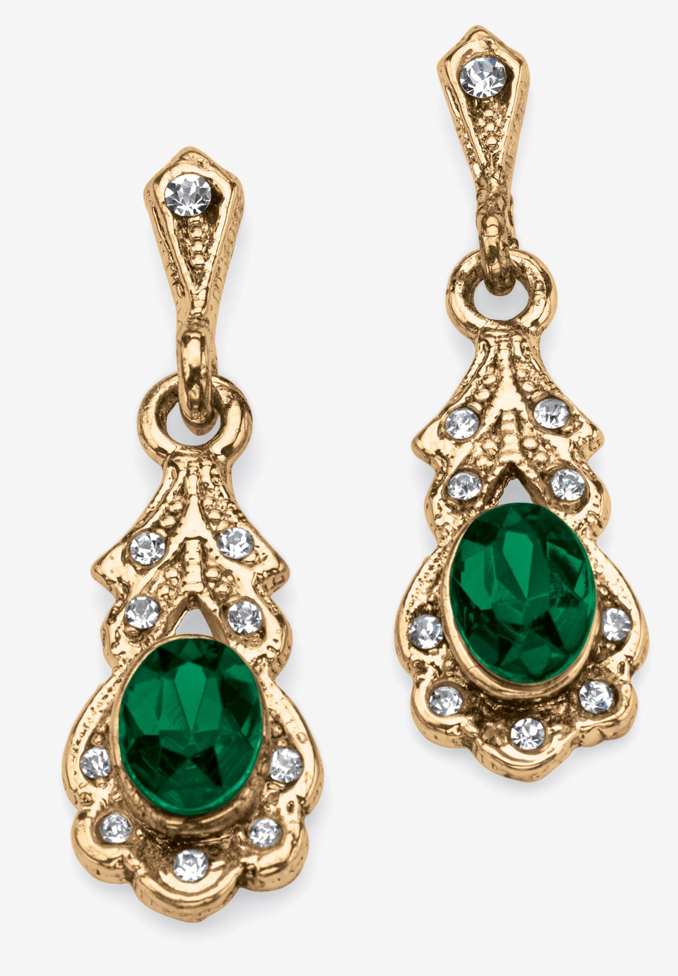 Gold Tone Antiqued Oval Cut Simulated Birthstone Vintage Style Drop Earrings, MAY, hi-res image number 0